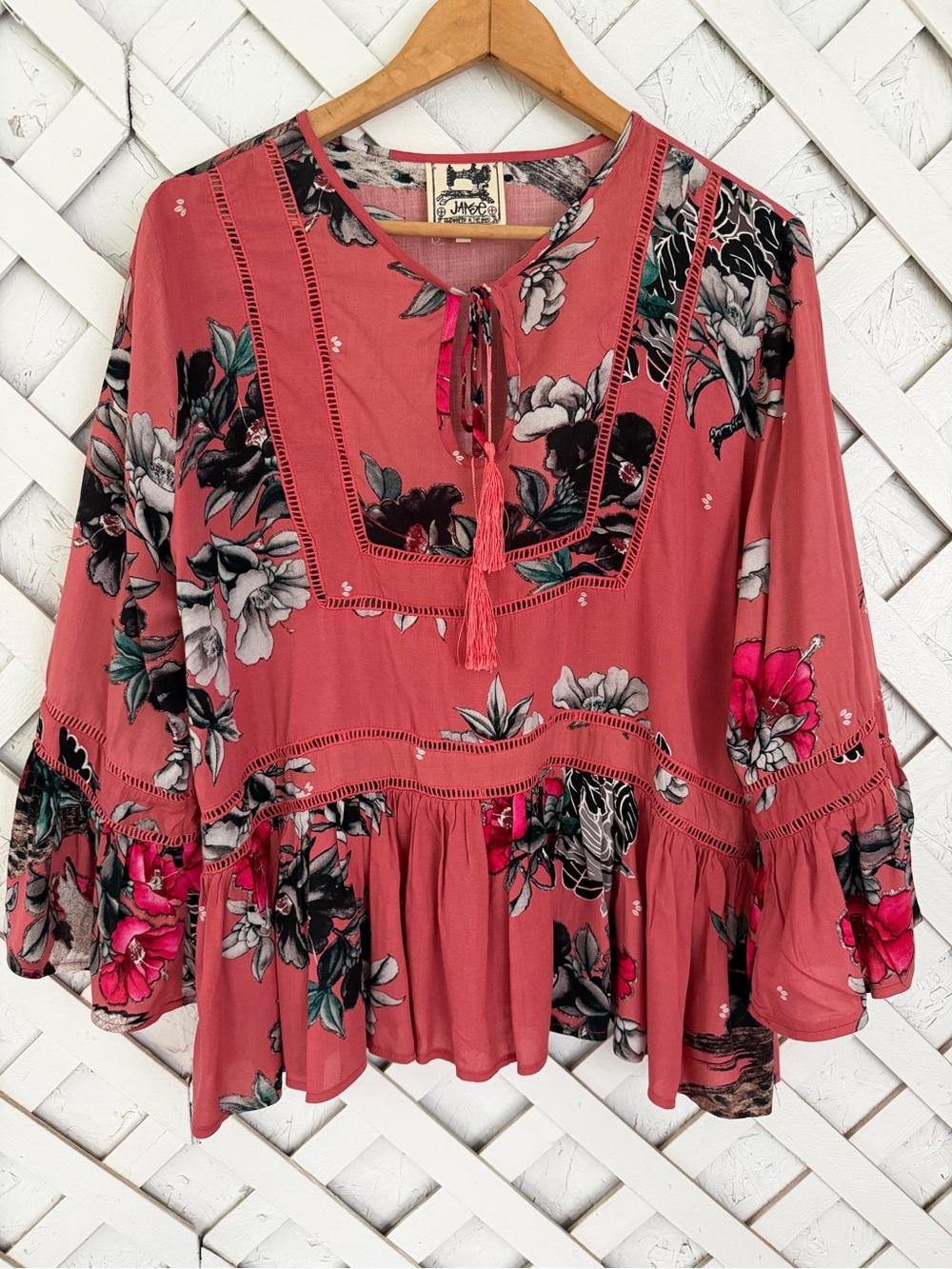 Jaase Boho Floral Tie-Neck Peasant Top Tassel Bell Sleeve Rose Large
